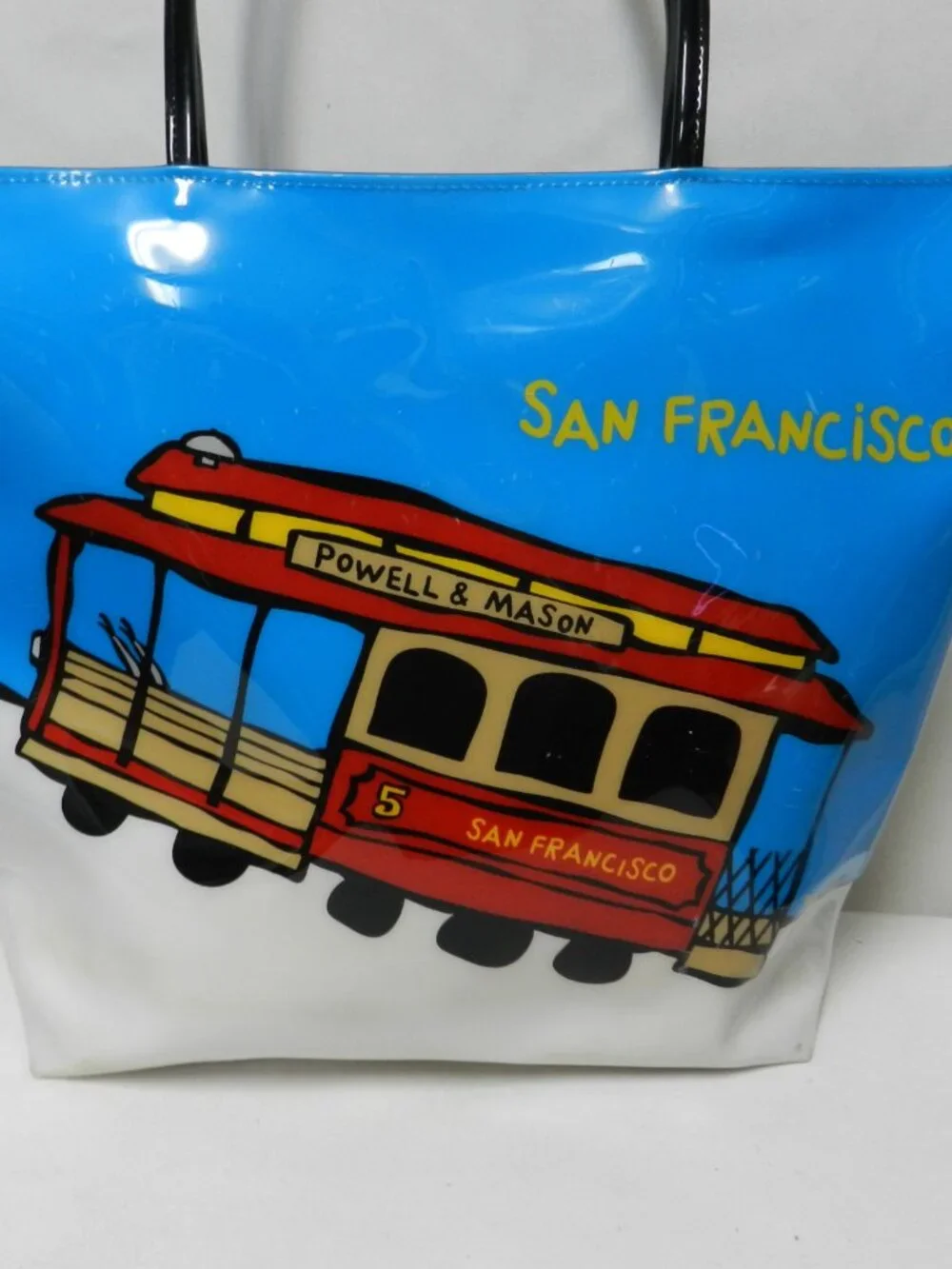 Marc Tetro San Francisco Trolley tram vinyl tote bag purse large zip blue red